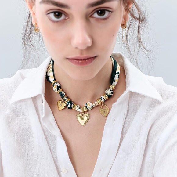 Women’s Versatile Silk Scarf Necklace with Gold-Plated Star Moon Heart Charms, A - Picture 2 of 7